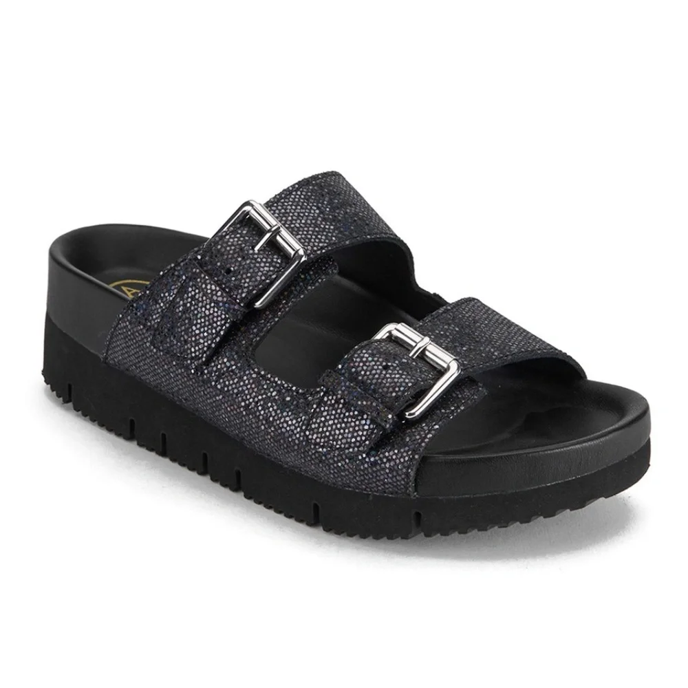 Ash Womens Black Sparkle Double-Buckle Slide Sandals